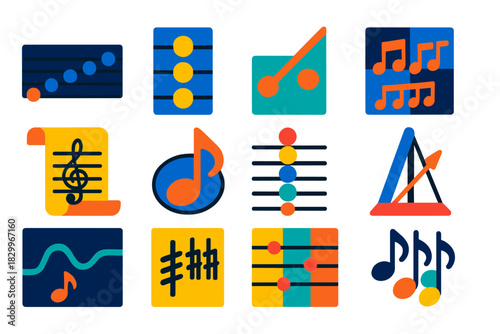 Ancient Music Theory Icons. Flat vector icons of ancient music theory concepts: scale diagram, chord icon, interval lines, rhythm