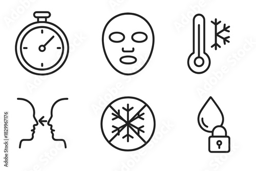 Cryo Facial Safety Icons. Line style icons of cryo facial safety and care: timer icon for treatment, protective face sheet, cold