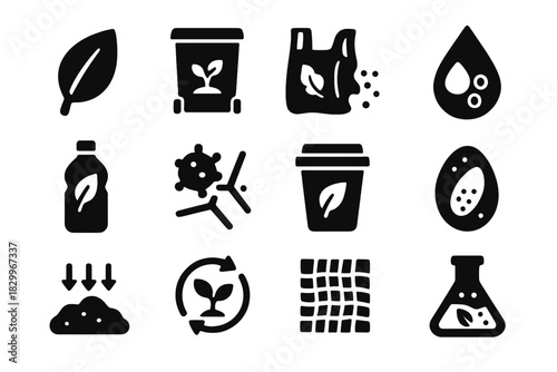 Biodegradable Polymer Icons. Solid style icons of biodegradable polymers: leaf symbol, compost bin, dissolving plastic bag, water