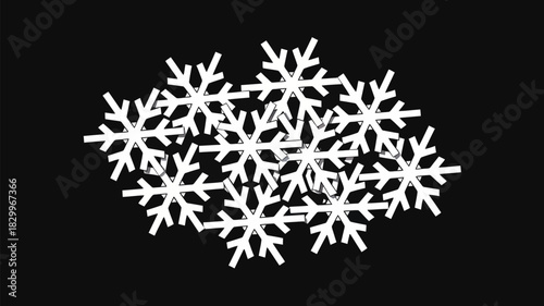 A cluster of white snowflake illustrations overlapping each other against a black background scene view