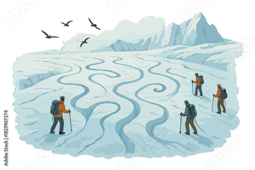 Climbers Explore Glacier Patterns. Glacier scene with cracks forming playful patterns, climbers studying them, and birds circling