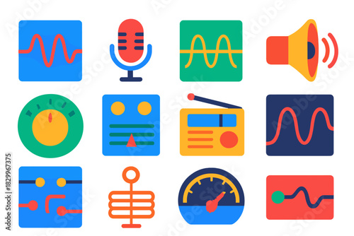 Analog Communication Icons. Flat vector icons of Analog Communication: waveform diagram, microphone input, carrier wave,