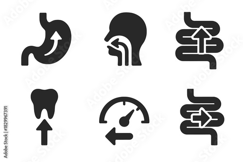 Reverse Digestion Icons. Solid style icons of anti-digestion visuals: reversed stomach diagram, un-swallow motion, backward