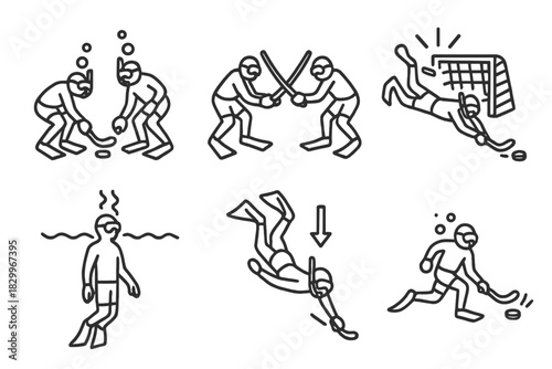 Underwater Hockey Icons. Line style icons of underwater hockey match moments: puck face-off, stick clash, goal scored animation,