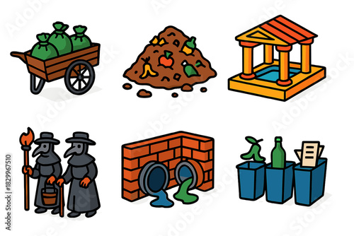 Waste Management Evolution. Isometric vector illustration set History of waste management: trash disposal carts, landfill mounds,