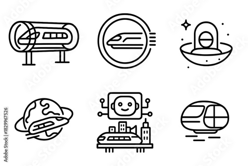 Maglev Future Innovations. Line style icons of maglev future visions: floating train tube, hyper-speed loop sketch, zero-gravity