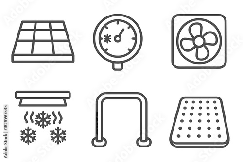 Cryotherapy Room Features. Line style icons of cryotherapy room features: chamber floor, temperature meter on wall, ventilation