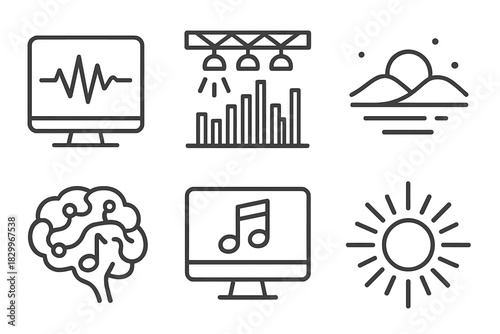 AI Music Icons. Line style icons of AI-generated music visuals: waveform from algorithm, beat-mapped light design, ambient audio
