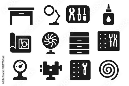 Artisan Workshop Icons. Solid style icons of Artisan workshop: workbench, magnifying lamp, tool tray, lubricant bottle, blueprint