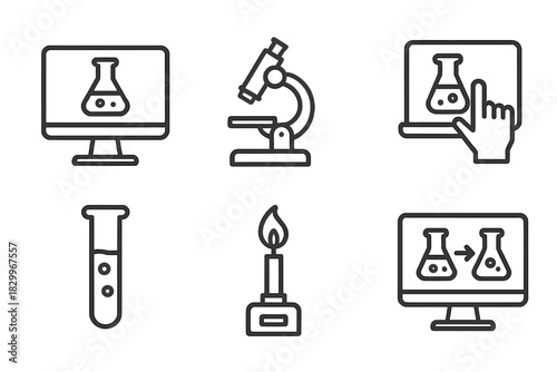 Virtual Lab Essentials Icons. Line style icons of virtual labs basics: computer with lab screen, virtual microscope, interactive