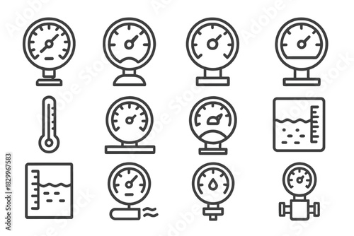 Industrial Meters Icons. Line style icons of industrial meters: pressure gauge, fuel dial, torque meter, hydraulic scale; boiler