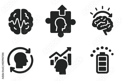 Mental Hormesis Icons. Solid style icons of mental hormesis: cognitive challenge icon, stress-to-growth glyph, mindset adaptation