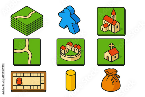 Vivid Board Game Icons. Isometric vector illustration set Board games – tile stack, meeple token, cathedral tile; road tile, city