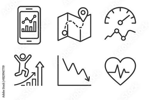 Tracking Icons Collection. Line style icons of tracking and analytics: app data dashboard, GPS trace of course, real-time speed