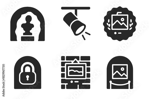 Subterranean Art Gallery Icons. Solid style icons of subterranean art galleries: sculpture in cave glyph, spotlight icon, curated