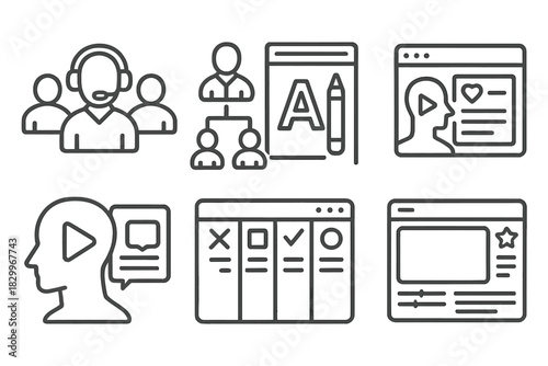 Sponsor Communication Icons. Line style icons of sponsor and org communication: team meeting headset, org chart with roles, brand