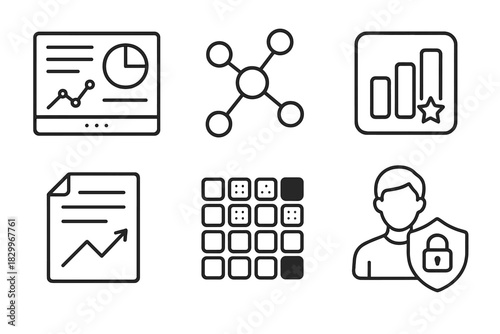 Competency Tracking Icons. Line style icons of data in competency tracking: analytics dashboard, skill map chart, mastery level
