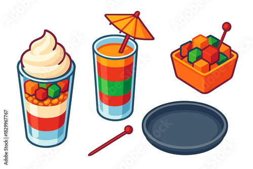 Bright Dessert Icons. Isometric vector illustration set Ice cream and desserts – parfait shooter, mini glass, layered jelly; fruit