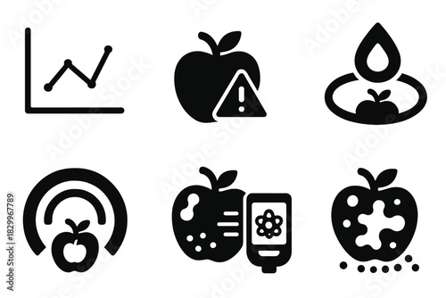 Food Quality Icons. Solid style icons of food quality detection: ripeness detection graph, contamination warning icon, moisture