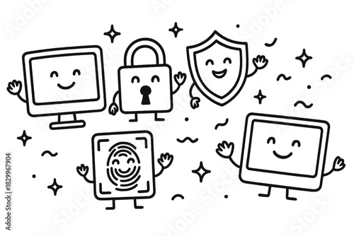 Doodle Data Protection Lab. Playful doodle data protection lab with smiling computers, cartoon locks and shields waving, cheerful