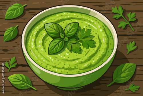 Creamy Pesto Delight. Bowl of creamy pesto garnished with fresh herbs, vibrant green tones, served on a rustic table, sharp vector