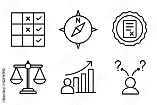 Ethical Decision Icons. Line style icons of ethical decision-making: decision matrix icon, moral compass symbol, consequence