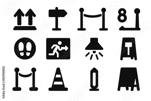 Queue Guidance Icons. Solid style icons of visual cues and guidance in queues: arrows on floor, directional sign, lane divider,