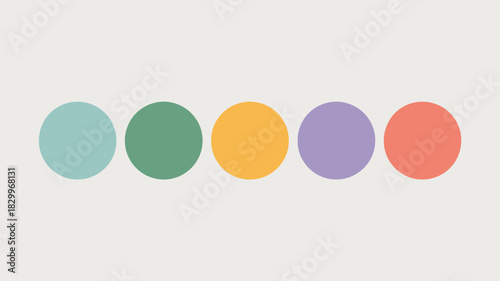 A minimalist composition featuring five evenly spaced colored circles against a light background plain design