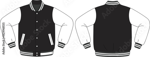 Varsity jacket front and back view, black body white sleeves, striped ribbing, fashion apparel design, flat vector illustration