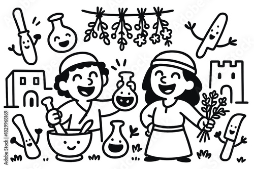 Joyful Ancient Medicine Scene. Joyful doodle ancient medicine scene with cartoon healers smiling, traditional tools with faces,