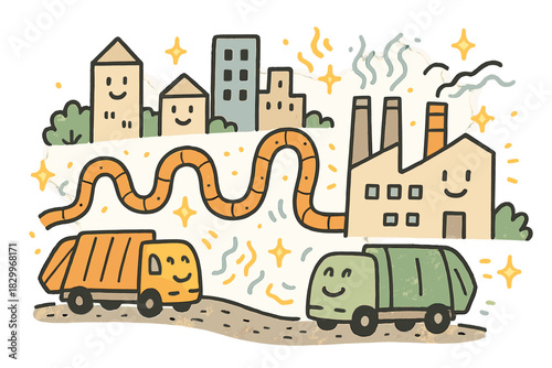 Cheerful Urban Energy. Playful doodle urban energy recovery scene with cheerful cityscape, smiling waste trucks, cartoon pipelines