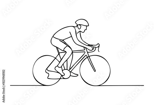 Male cyclist, road bike, continuous line art, depicted in a minimalist black and white style on a white background.