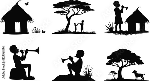 Children playing trumpet in rural scenes, silhouette art, nature and huts, musical joy, cultural life, flat vector illustration