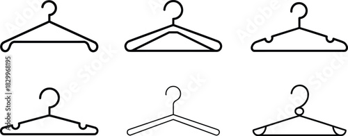 Clothes hanger icon set, black silhouette, various shapes and styles, garment storage solutions, flat design, flat vector illustration