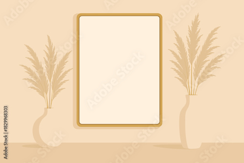 Golden Mirror Elegance. Minimalist golden mirror frame placed on a soft beige wall, surrounded by dried pampas grass in ceramic
