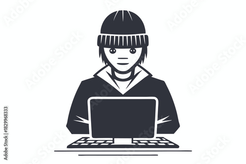 Serious hacker with a beanie swiftly types on the grid keyboard, focusing intensely