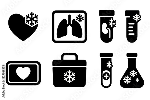 Organ Cryopreservation Icons. Solid style icons of organ cryopreservation: frozen heart icon, lung chamber, cryo-kidney container.