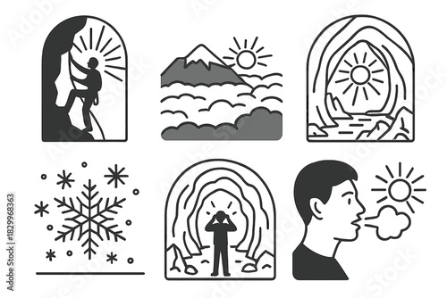 Moments of Awe. Line style icons of moments of awe and silence: climber silhouetted in light, quiet view above clouds, sunlight