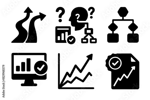 Scenario Planning Icons. Solid style icons of scenario planning: multiple path forecast, what-if analysis icon, decision tree