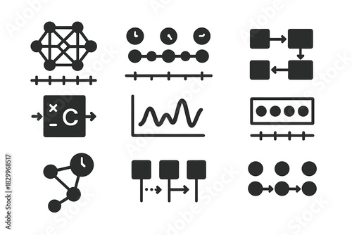 Machine Learning Icons. Solid style icons of machine learning with temporal data: neural network with timeline, time-sequenced