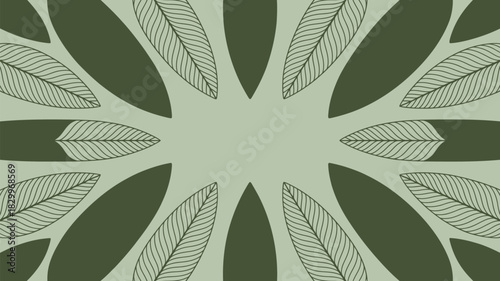 A symmetrical pattern of dark green leaves and outlined leaves on a light green background design art