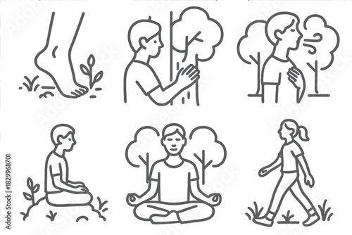 Forest Bathing Icons. Line style icons of forest bathing activities: barefoot forest walk, mindful tree touch, deep breathing in
