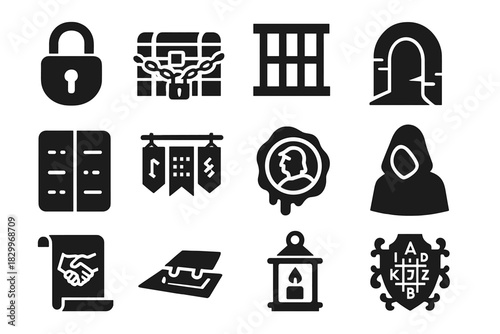 Medieval Secrecy Icons. Solid style icons of Medieval secrecy: iron lock, chained chest, barred window, secret tunnel, wax tablet,