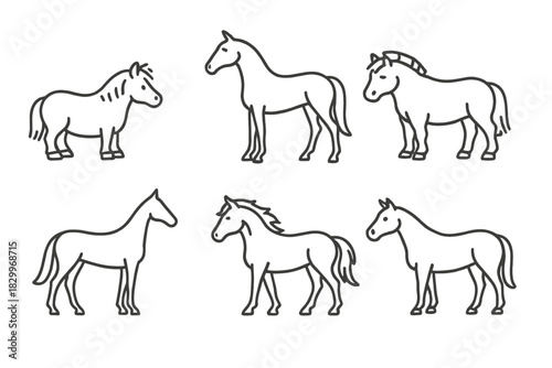 Archery Horse Breed Icons. Line style icons of horse breeds used in archery: short-legged pony, Arabian horse frame, Mongolian
