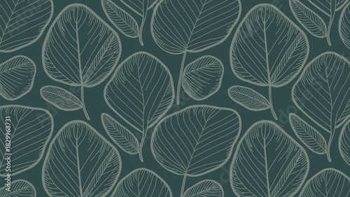 A seamless pattern featuring stylized leaves with prominent veins on a dark teal background design art
