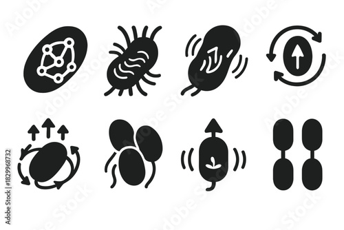 Quantum Bacteria Icons. Solid style icons of quantum behavior in bacteria: bacterial shape with entangled dots, microbe with
