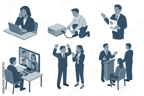 Isometric Business Teamwork. Isometric vector illustration set of Business People: businesswoman adjusting headset, intern