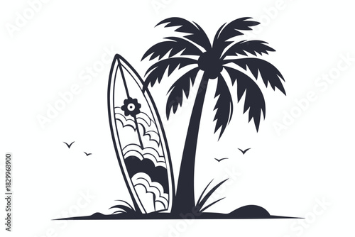 Shadowy palm tree and floral surfboard sit together on a dark, sandy beach at sunrise