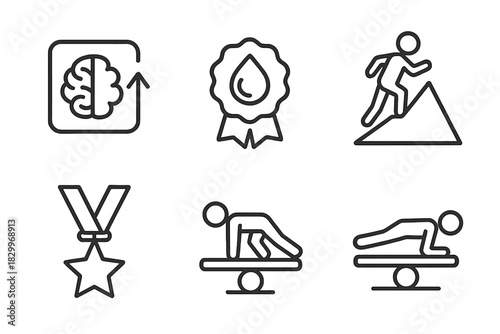 Training Achievement Icons. Line style icons of training achievements and badges: skill unlocked symbol, first drop badge, climb
