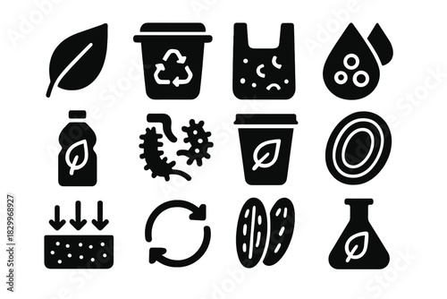 Biodegradable Polymer Icons. Solid style icons of biodegradable polymers: leaf symbol, compost bin, dissolving plastic bag, water